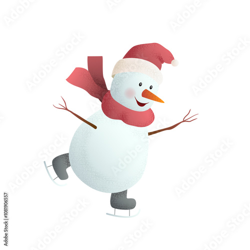 Charming 3D vector illustration of joyful snowman ice skating, wearing red scarf, Santa hat, and skates. Perfect for winter holidays, Christmas cards, and festive designs