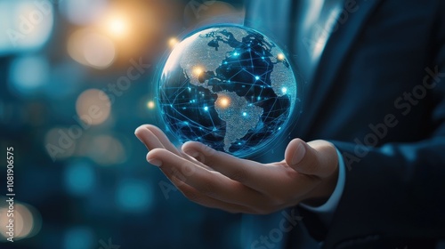 A business professional, wearing a suit, holds a glowing globe representing global connectivity and technology.