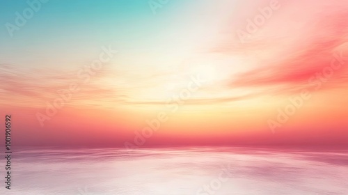 A serene sunset over calm waters, featuring soft gradients of pink, orange, and blue hues.