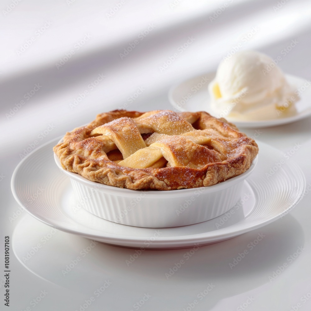 A perfectly baked apple pie with a flaky crust and a hint of cinnamon, served in a white dish, Apple pie centered A perfectly baked apple pie with a flaky crust and a hint of cinnamon, served in a white dish, Apple pie centered