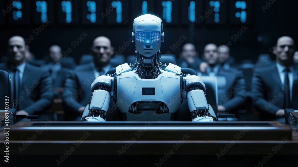 A humanoid robot sits at a table among human figures in suits. A humanoid robot sits at a table among human figures in suits.