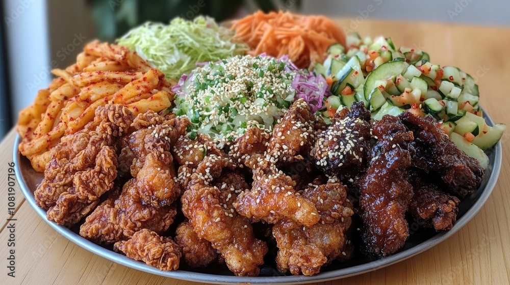 Vibrant Assortment of Korean Fried Chicken Accompanied by Fresh Vegetables and Side Dishes on a Platter for a Flavorful Dining Experience Vibrant Assortment of Korean Fried Chicken Accompanied by Fresh Vegetables and Side Dishes on a Platter for a Flavorful Dining Experience