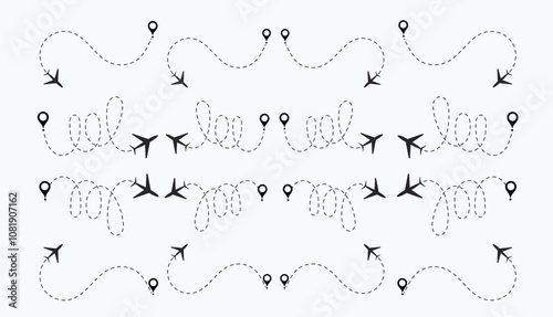  plane routes dotted paths aircraft travel route start point Flight route with start point and dash line