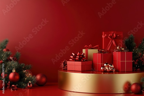 Christmas background with gold platform, toys. New Year greeting card, poster, banner with red gift boxes, presents - 3D, render. Showcase, podium, pedestal for products, shop windows and magazines. 