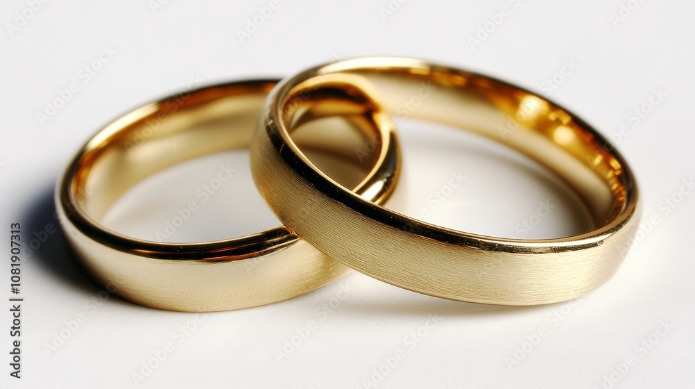 Two Classic Gold Wedding Rings Interlocked on a Reflective White Background, Close Up, Macro Image