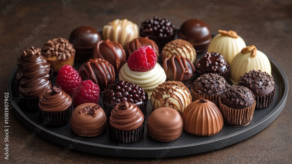A Delicious Assortment of Gourmet Chocolates and Raspberries