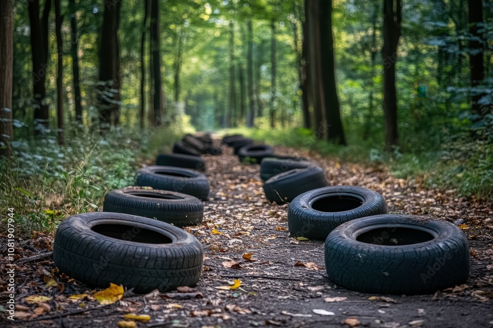 A Serene Forest Path Lined with Abandoned Tires Surrounded by Lush Green Foliage, Capturing the Intersection of Nature and Urban Waste in a Tranquil Landscape A Serene Forest Path Lined with Abandoned Tires Surrounded by Lush Green Foliage, Capturing the Intersection of Nature and Urban Waste in a Tranquil Landscape