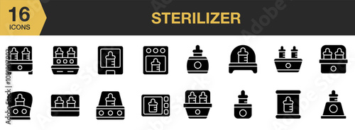 Sterilizer solid icon set. Includes Sterilization, Autoclave, Clean, Cleaner, Cleaning, Sterilizer, Washing, and More. Solid icons vector collection.