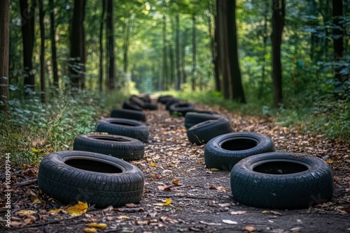 A Serene Forest Path Lined with Abandoned Tires Surrounded by Lush Green Foliage, Capturing the Intersection of Nature and Urban Waste in a Tranquil Landscape