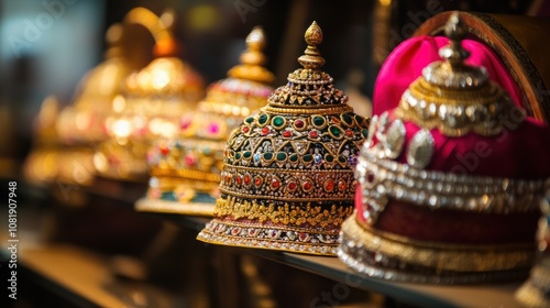 Close-up of ornate golden and jeweled crowns displayed for sale on a shelf.