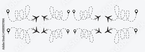  plane routes dotted paths aircraft travel route start point Flight route with start point and dash line