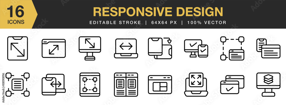 Fototapeta premium Responsive Design icon set. Editable Stroke Icon Collection. Includes Design, Mobile, Monitor, Responsive, Responsive Design, and More. Outline icons vector collection.