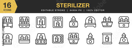 Sterilizer icon set. Editable Stroke Icon Collection. Includes Baby Bottle, Bottle Warmer, Heater, Sterilizer, and More. Outline icons vector collection.
