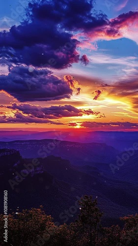 Dramatic Mountain Sunset with Vibrant Sky and Clouds. Background. Seamless looping motion design. Video animation. A breathtaking sunset over a mountain range, showcasing dramatic clouds and vibrant