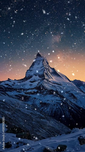 Majestic Snow-Covered Mountain Under Starry Night Sky. Background. Seamless looping motion design. Video animation. Breathtaking view of a snow-capped mountain peak illuminated by a star-filled sky