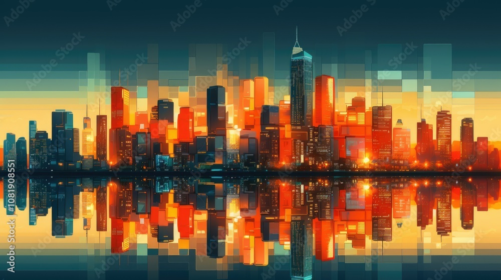 Fototapeta premium City skyline at night with illuminated buildings and glowing street lights