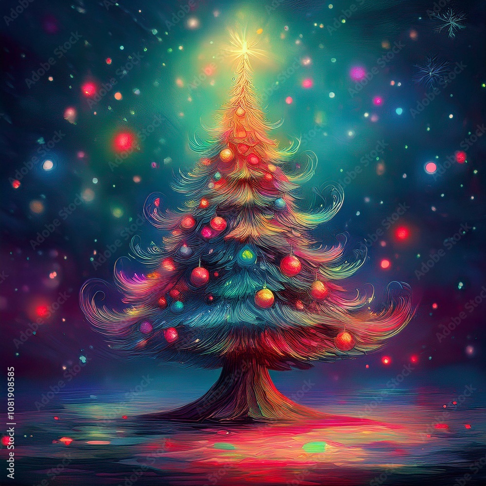 Magical forest with christmas trees and glowing lights