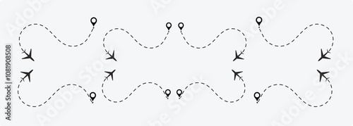  plane routes dotted paths aircraft travel route start point Flight route with start point and dash line