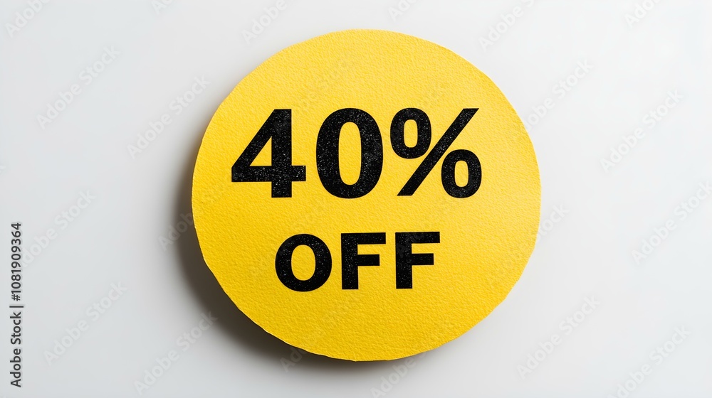 Black '40% OFF' Text on a Yellow Round Paper Note. White Background with Copy Space Black '40% OFF' Text on a Yellow Round Paper Note. White Background with Copy Space