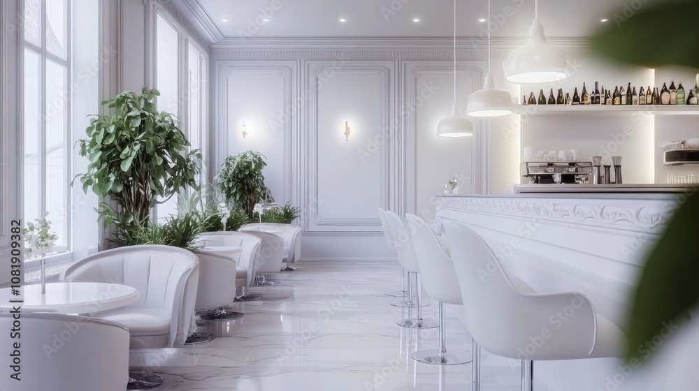 Fototapeta premium Bright and elegant café interior featuring stylish white furniture and lush greenery.
