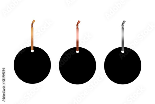Black round tags mockup with copper, pink gold and silver ribbons. Blank black circle hanging labels template. Flat paper ornaments decoration for promotion and events.