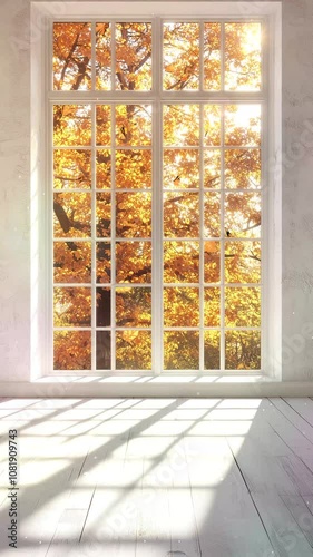Autumn Leaves Outside a Sunlit Room Window Scene. Background. Seamless looping motion design. Video animation. A bright room with wooden floors and a large window displaying vibrant autumn leaves on