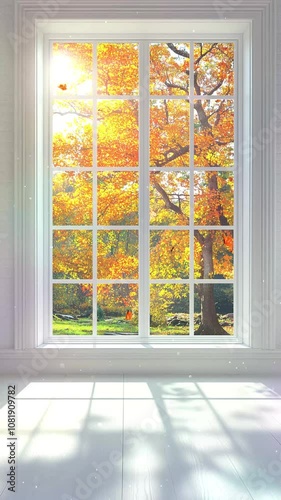 Autumn Leaves Viewed Through Bright Sunlit Window Frame. Background. Seamless looping motion design. Video animation. Experience the warmth and beauty of autumn leaves with the sunlit scene through a