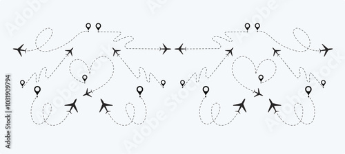  plane routes dotted paths aircraft travel route start point Flight route with start point and dash line