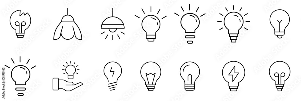 Light Bulb line icon set vector, isolated on white background. Idea sign, solution, thinking concept. Lighting Electric lamp. Electricity, shine. Trendy Flat Light Bulb line icon set vector, isolated on white background. Idea sign, solution, thinking concept. Lighting Electric lamp. Electricity, shine. Trendy Flat