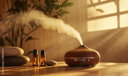 A diffuser emitting steam, surrounded by essential oils and stones in a warm, serene setting.