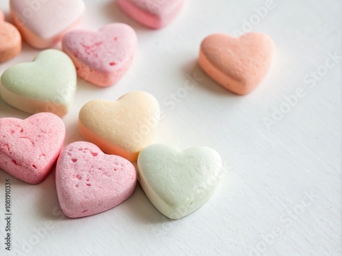 Minimalist Valentine's Captions: A Serene Arrangement of Heart-Shaped Objects in Soft Pastels, Evoking Love and Simplicity for Romantic Moments and Social Media Posts