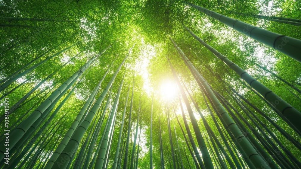 A low angle view of a dense bamboo forest with sunlight streaming through the canopy. A low angle view of a dense bamboo forest with sunlight streaming through the canopy.