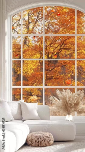 Cozy Living Room with Autumn View Through Large Window. Background. Seamless looping motion design. Video animation. Beautiful living room featuring white decor and large window showcasing vibrant