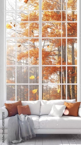 Cozy Living Room With Autumn View Through Large Window. Background. Seamless looping motion design. Video animation. A white sofa with orange cushions complements a window view of vibrant autumn