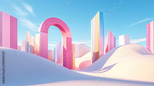 Abstract surreal 3D landscape with pastel dunes modern buildings and geometric arches under a bright blue sky