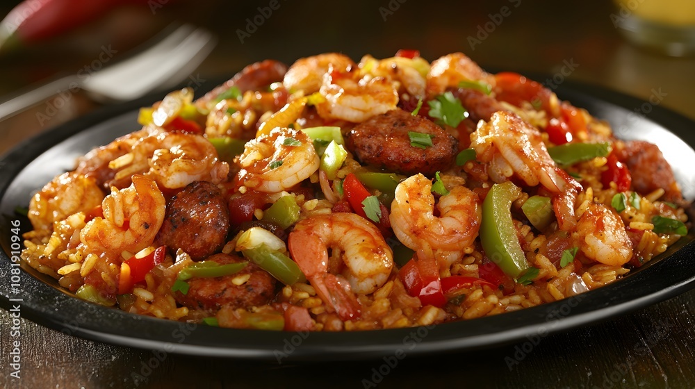 A serving of jambalaya, a spicy rice dish with shrimp, chicken, and sausage cooked with peppers and onions.


