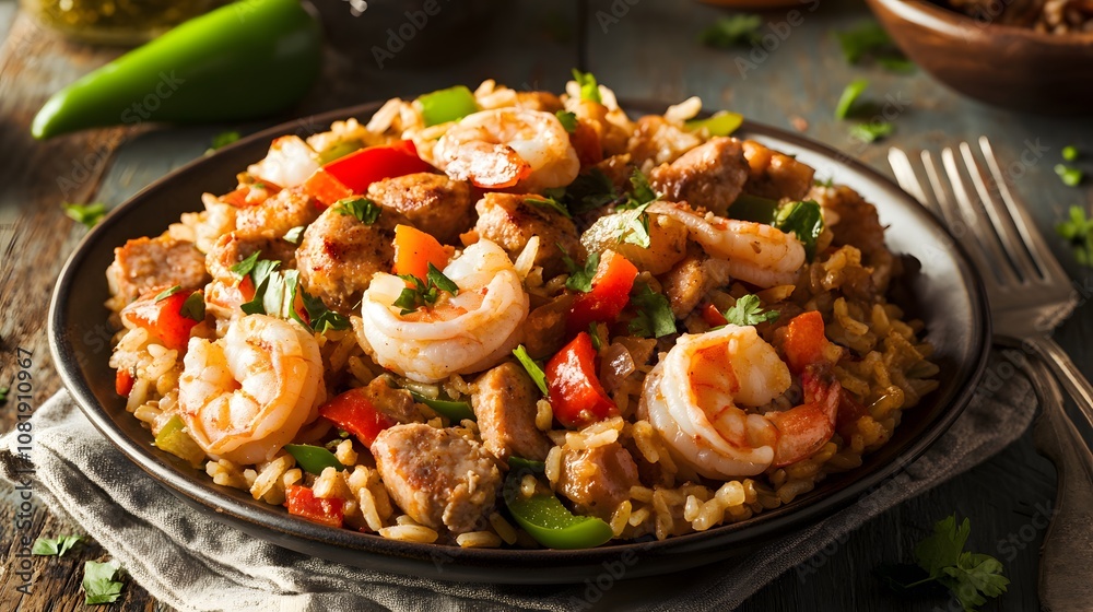 A serving of jambalaya, a spicy rice dish with shrimp, chicken, and sausage cooked with peppers and onions.
A serving of jambalaya, a spicy rice dish with shrimp, chicken, and sausage cooked with peppers and onions.