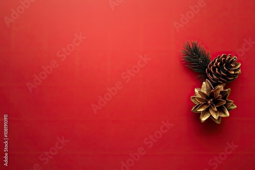 Christmas Border concept on the red background. Top view with copy space for your text. 