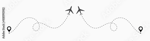  plane routes dotted paths aircraft travel route start point Flight route with start point and dash line