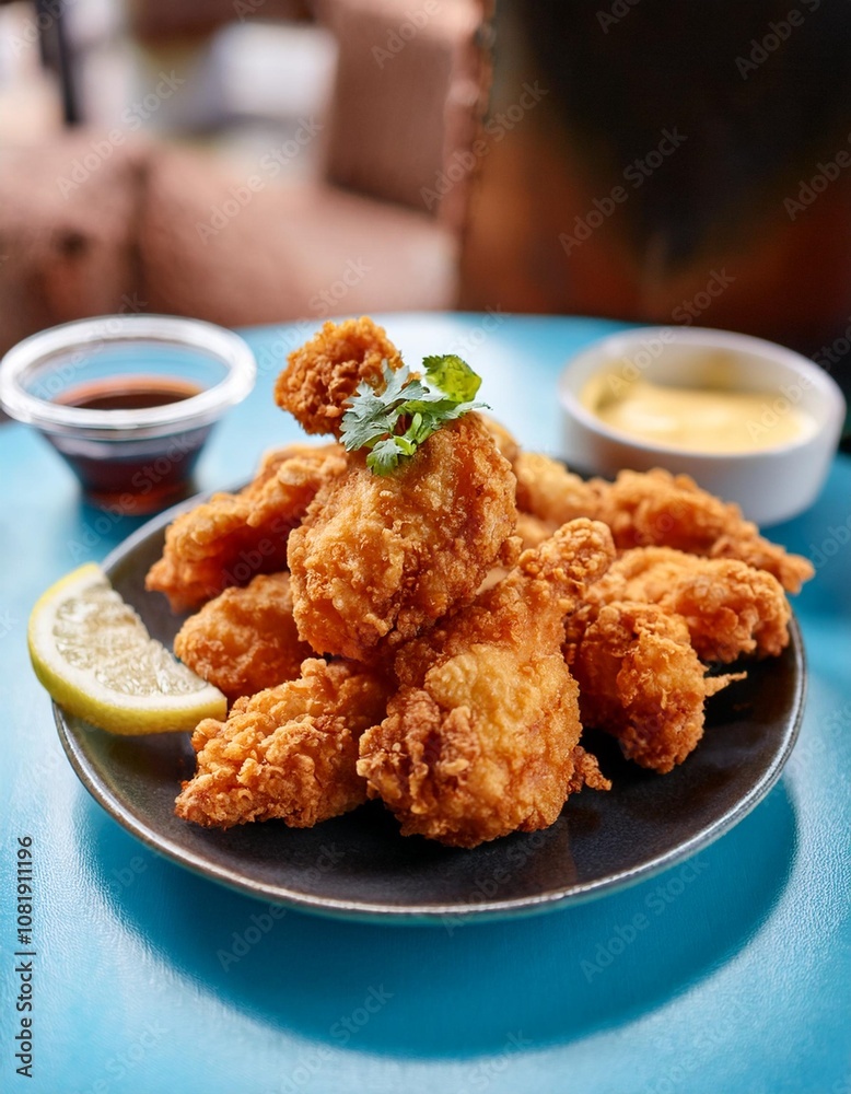 Golden, Crispy Chicken Karaage Served with Lemon Wedges and a Soy-Ginger Dipping Sauce, Captured in a Bright and Vibrant Street Food Setting Golden, Crispy Chicken Karaage Served with Lemon Wedges and a Soy-Ginger Dipping Sauce, Captured in a Bright and Vibrant Street Food Setting