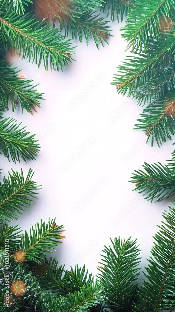 Festive Christmas Tree Branches Forming a Green Frame. Background. Seamless looping motion design. Video animation. Fresh and lush pine branches form a natural green frame, creating a festive and Festive Christmas Tree Branches Forming a Green Frame. Background. Seamless looping motion design. Video animation. Fresh and lush pine branches form a natural green frame, creating a festive and
