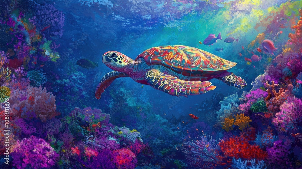 Obraz premium Vibrant Turtle Swimming Through Colorful Coral Reef in an Enchanting Underwater Scene Filled with Marine Life and Lush Vegetation