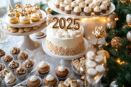 festive dessert table featuring variety of delicious treats for New Years celebration, including cupcakes, cookies, and cake adorned with year 2025. warm ambiance is enhanced by twinkling lights and