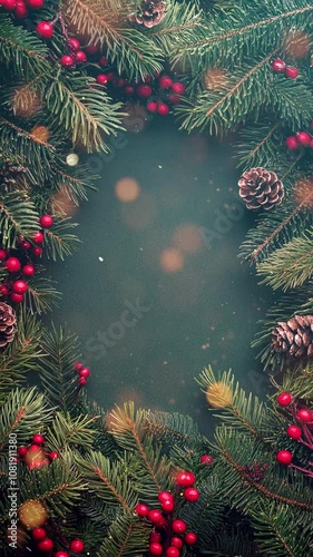Festive Christmas Wreath Frame with Red Berries and Pine Cones. Background. Seamless looping motion design. Video animation. A beautiful Christmas wreath of pine branches, red berries, and pine cones