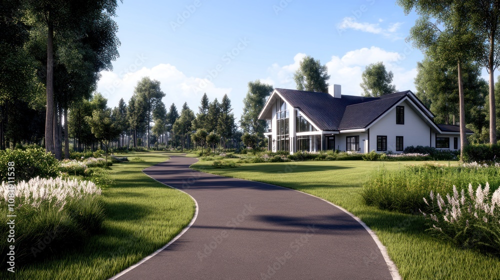 A serene pathway leading to a modern house surrounded by greenery. A serene pathway leading to a modern house surrounded by greenery.