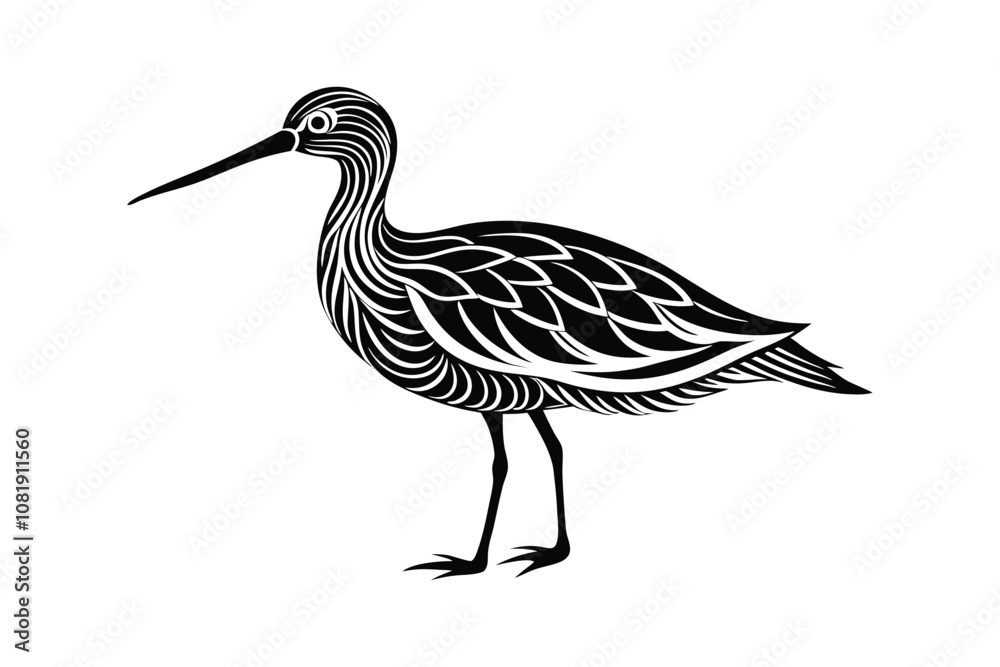 Obraz premium Curlew Bird Silhouette Vector - Wildlife, Nature, Wader, Minimalist, Elegant Black Outline Illustration