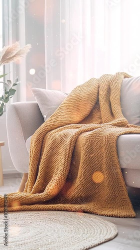 Cozy Living Room With Knitted Yellow Blanket On Sofa. Background. Seamless looping motion design. Video animation. Warm and inviting living space features a mustard yellow knitted blanket draped over
