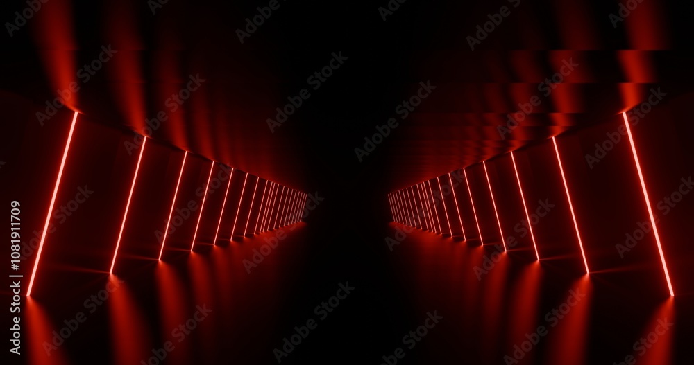 Naklejka premium Futuristic interior background red lights glowing in black tunnel 3d render