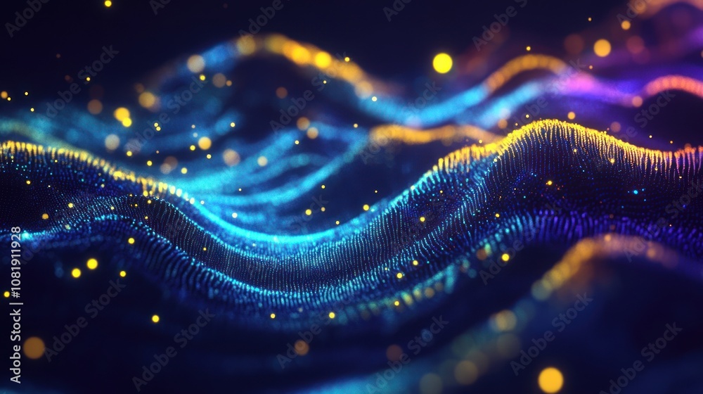 Abstract blue, purple, and yellow digital wave with glowing particles.