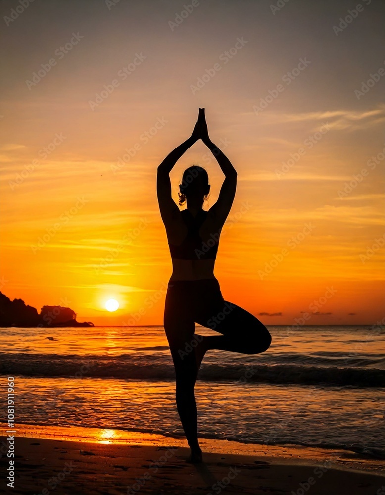 woman black silhouette practicing yoga at sunset